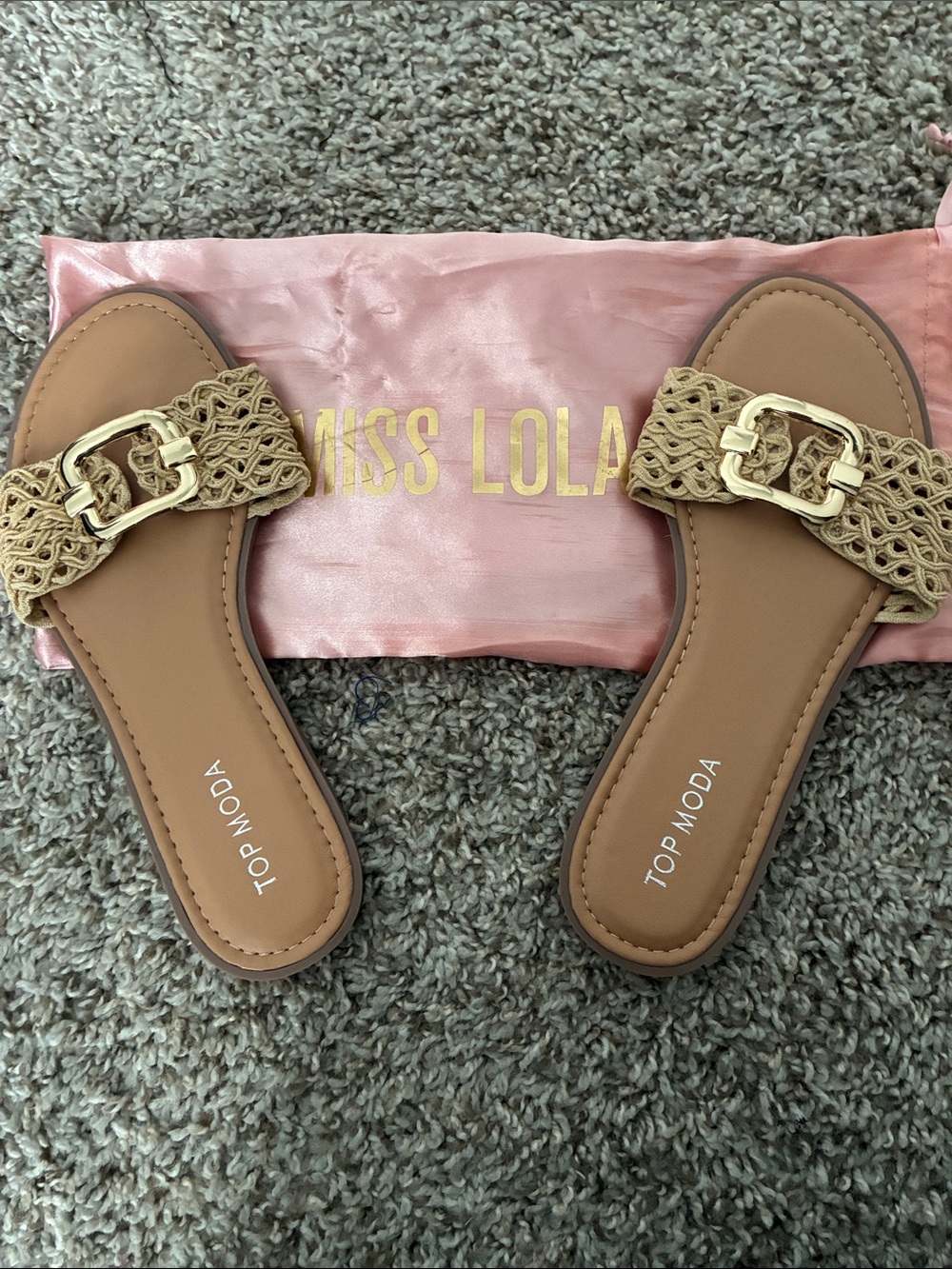 Miss Lola Beige Braided Slide Sandals with Gold Buckle